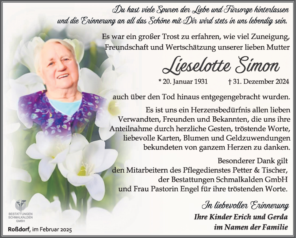  Traueranzeige für Liselotte Simon vom 01.02.2025 aus Südthüringer Presse