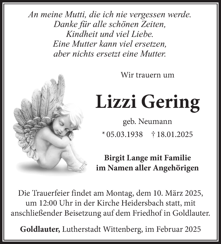  Traueranzeige für Lizzi Gering vom 15.02.2025 aus Südthüringer Presse