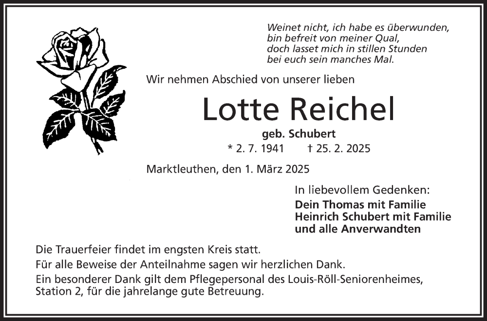  Traueranzeige für Lotte Reichel vom 01.03.2025 aus Frankenpost