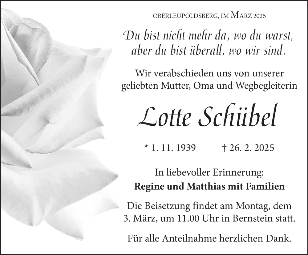  Traueranzeige für Lotte Schübel vom 01.03.2025 aus Frankenpost