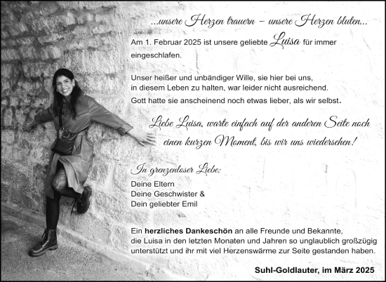 Traueranzeige von Luisa Retz von Südthüringer Presse