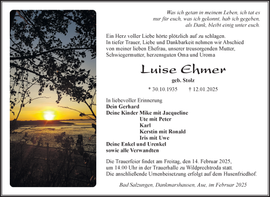 Traueranzeige von Luise Ehmer von Südthüringer Presse