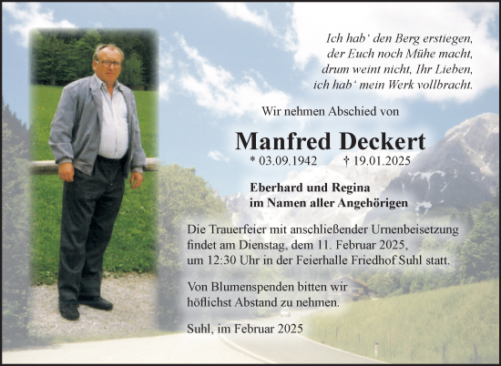 Traueranzeige von Manfred Deckert von Südthüringer Presse