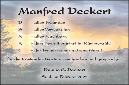 Traueranzeige von Manfred Deckert von Südthüringer Presse