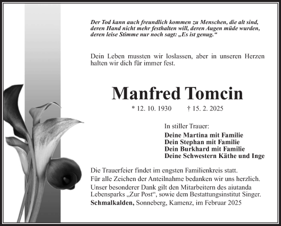 Traueranzeige von Manfred Tomcin von Südthüringer Presse