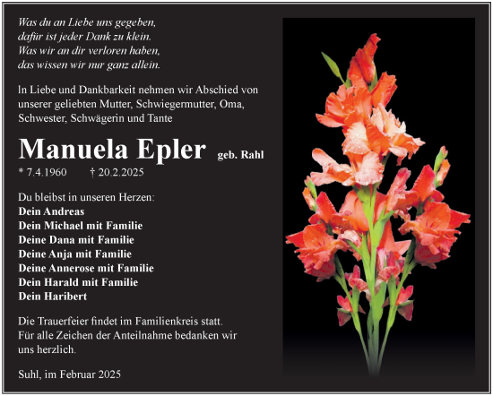 Traueranzeige von Manuela Epler von Südthüringer Presse