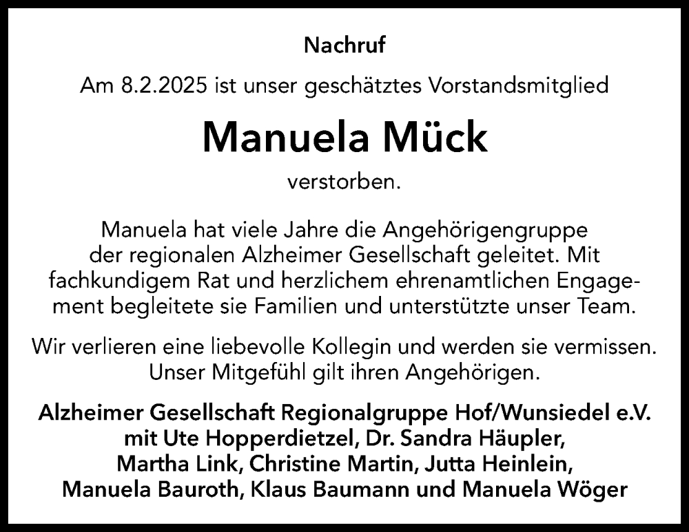  Traueranzeige für Manuela Mück vom 01.03.2025 aus Frankenpost