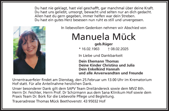 Traueranzeige von Manuela Mück von Frankenpost