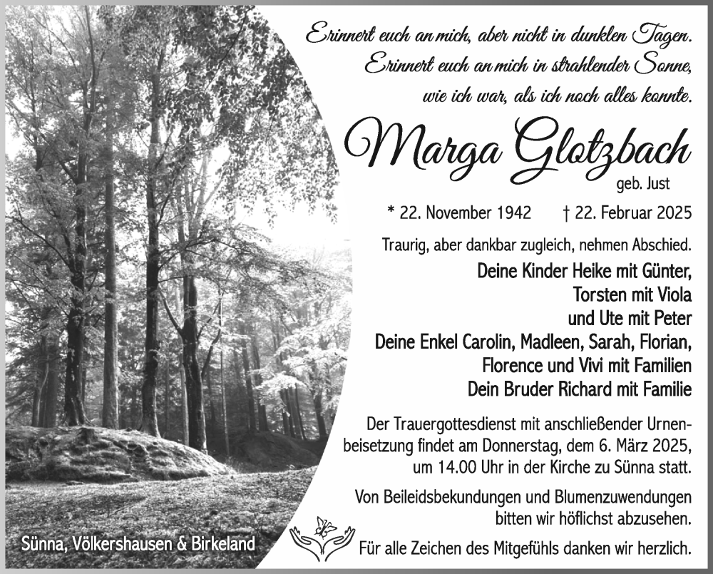  Traueranzeige für Marga Glotzbach vom 01.03.2025 aus Südthüringer Presse