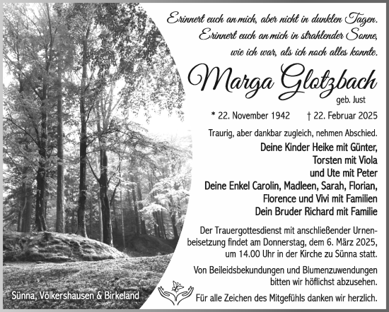 Traueranzeige von Marga Glotzbach von Südthüringer Presse
