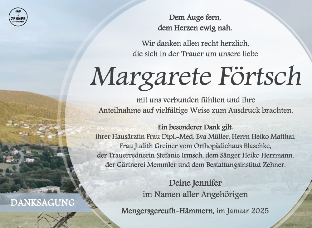  Traueranzeige für Margarete Förtsch vom 01.02.2025 aus Südthüringer Presse