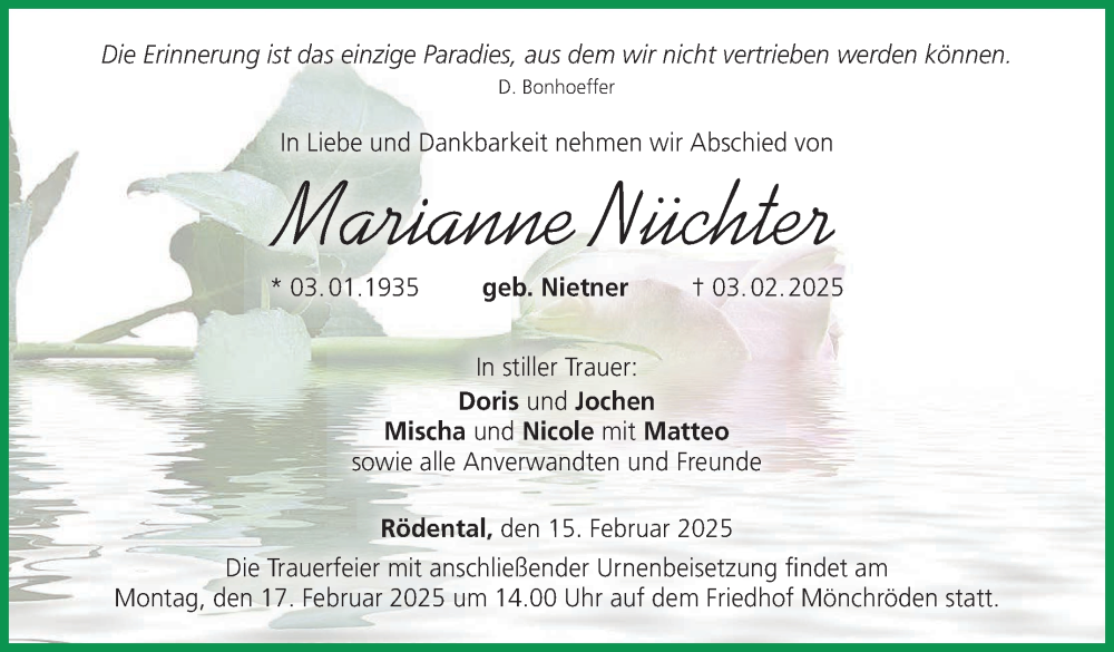  Traueranzeige für Marianne Nüchter vom 15.02.2025 aus Neue Presse Coburg
