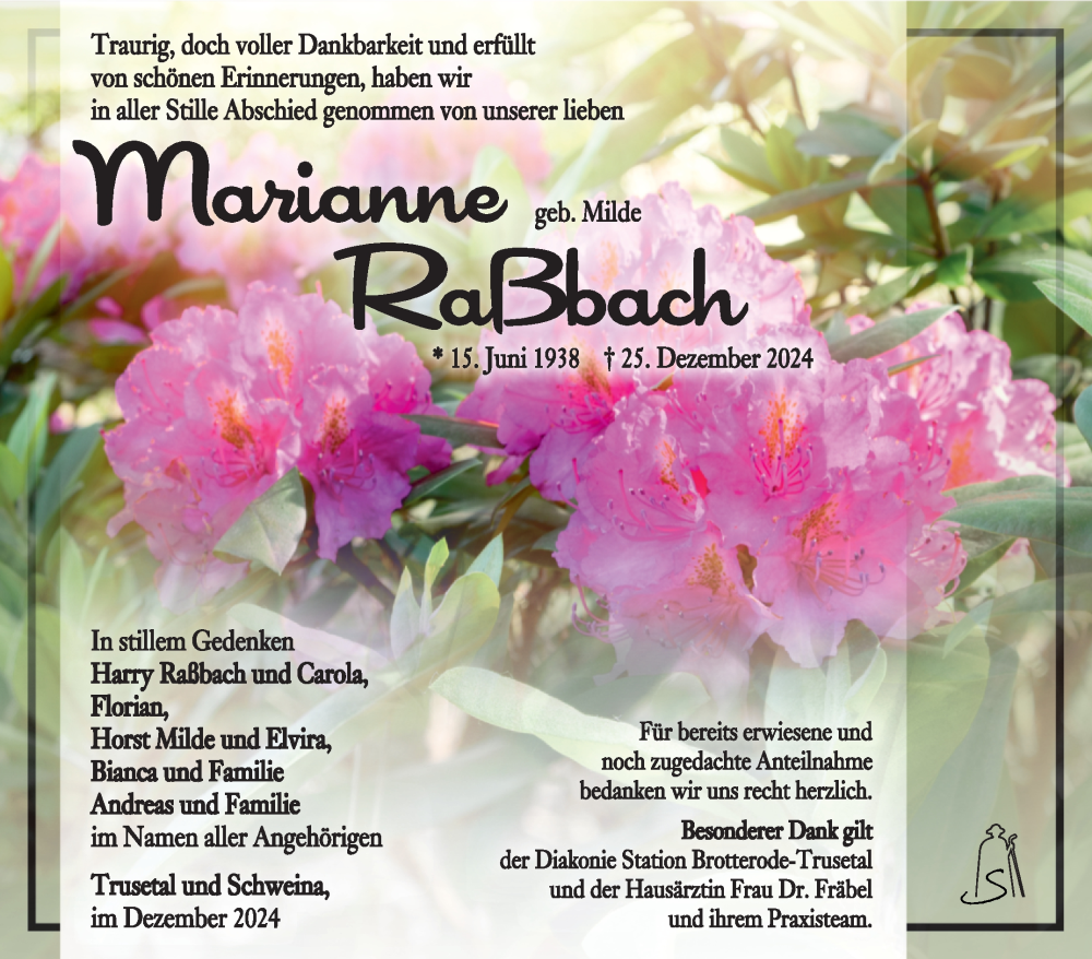  Traueranzeige für Marianne Raßbach vom 01.02.2025 aus Südthüringer Presse