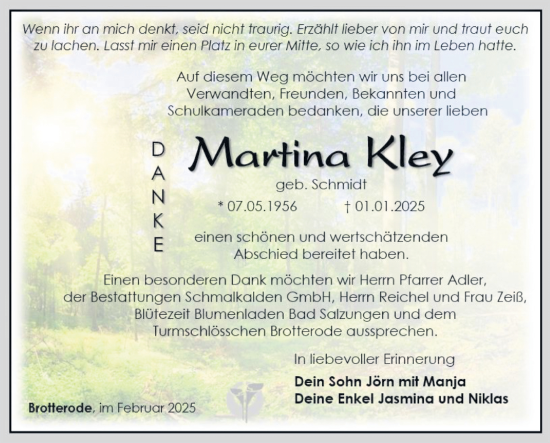 Traueranzeige von Marina Kley von Südthüringer Presse