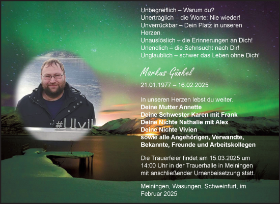 Traueranzeige von Markus Günkel von Südthüringer Presse