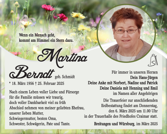 Traueranzeige von Martina Berndt von Südthüringer Presse