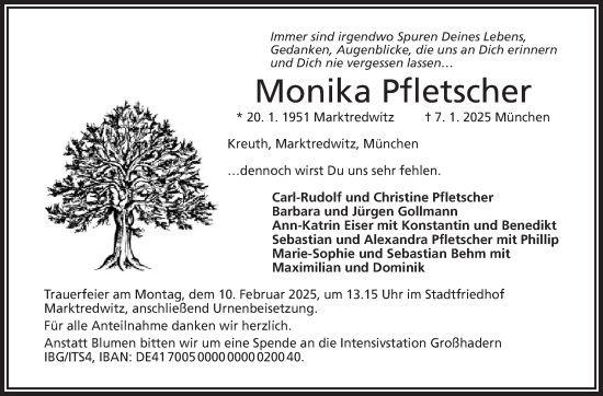 Traueranzeige von Monika Pfletscher von Frankenpost
