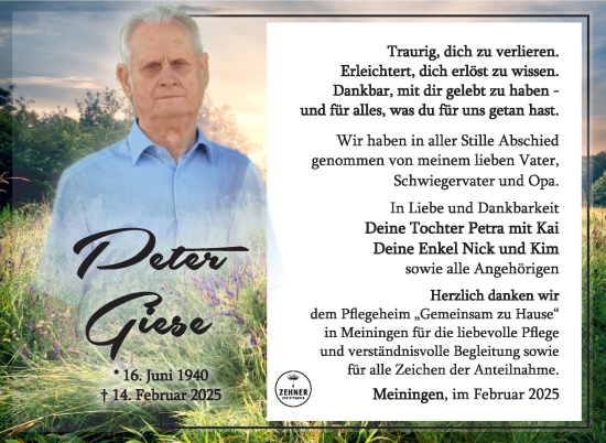 Traueranzeige von Peter Giese von Südthüringer Presse