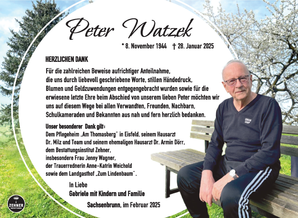  Traueranzeige für Peter Watzek vom 22.02.2025 aus Südthüringer Presse