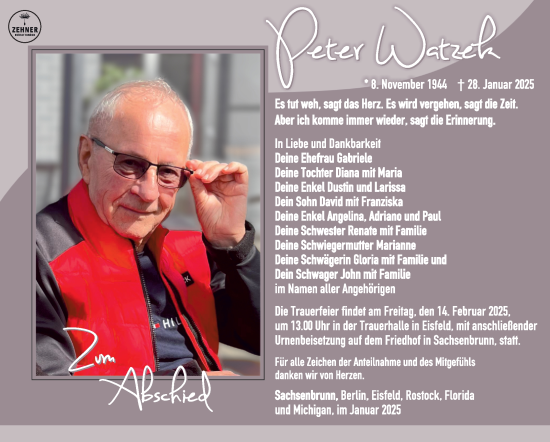 Traueranzeige von Peter Watzek von Südthüringer Presse