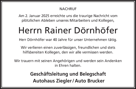 Traueranzeige von Rainer Dörnhöfer von Frankenpost