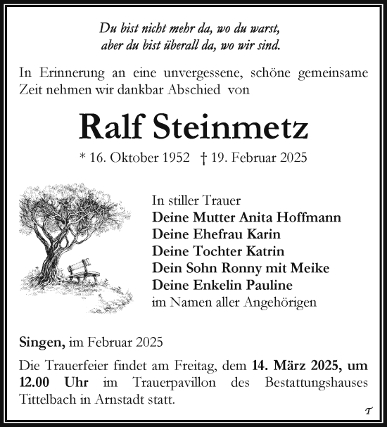 Traueranzeige von Ralf Steinmetz von Südthüringer Presse