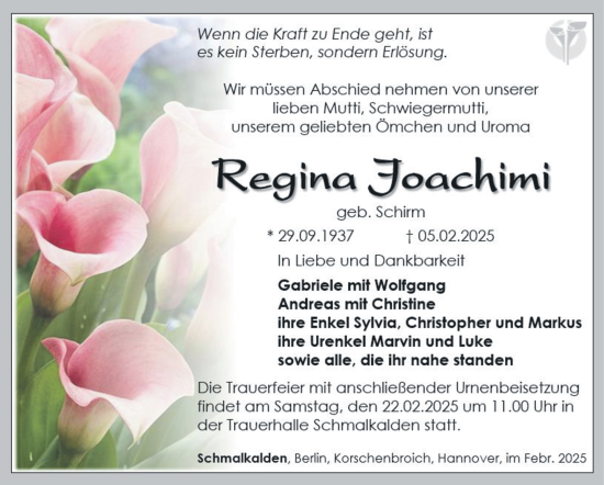 Traueranzeige von Regina Joachimi von Südthüringer Presse