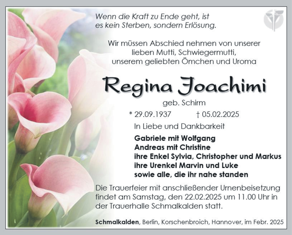  Traueranzeige für Regina Joachimi vom 15.02.2025 aus Südthüringer Presse