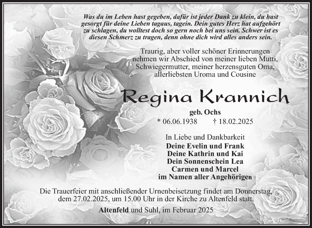  Traueranzeige für Regina Krannich vom 22.02.2025 aus Südthüringer Presse