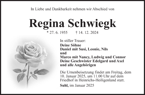 Traueranzeige von Regina Schwiegk von Südthüringer Presse