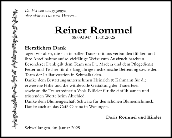 Traueranzeige von Reiner Rommel von Südthüringer Presse