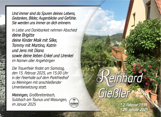 Traueranzeige von Reinhard Gießler von Südthüringer Presse