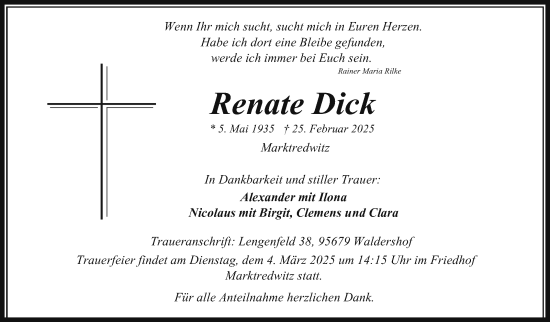 Traueranzeige von Renate Dick von Frankenpost