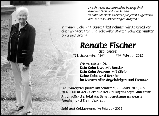 Traueranzeige von Renate Fischer von Südthüringer Presse