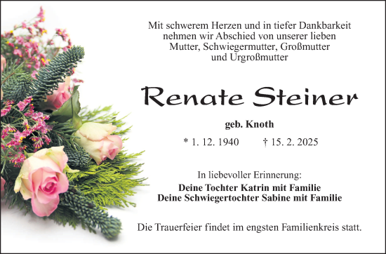 Traueranzeige von Renate Steiner von Südthüringer Presse