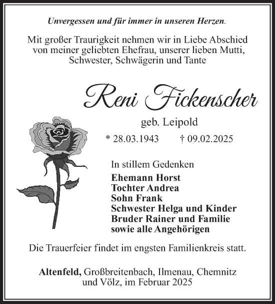 Traueranzeige von Reni Fickenscher von Südthüringer Presse