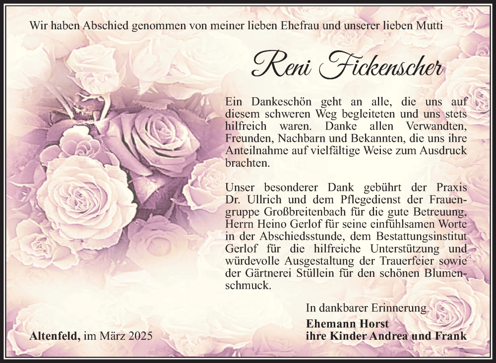  Traueranzeige für Reni Fickenscher vom 01.03.2025 aus Südthüringer Presse