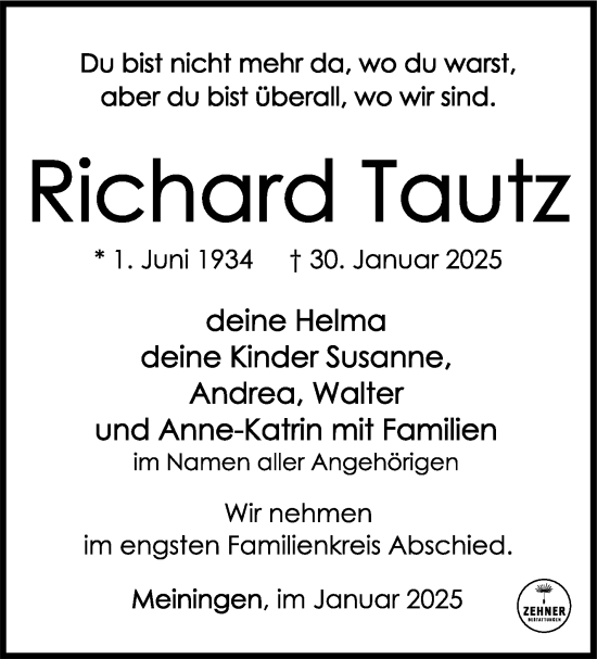 Traueranzeige von Richard Tautz von Südthüringer Presse