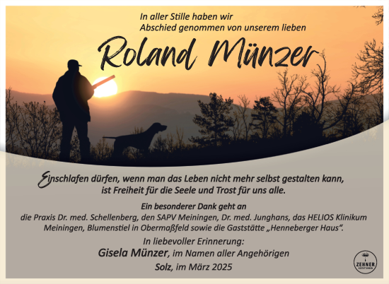 Traueranzeige von Roland Münzer von Südthüringer Presse