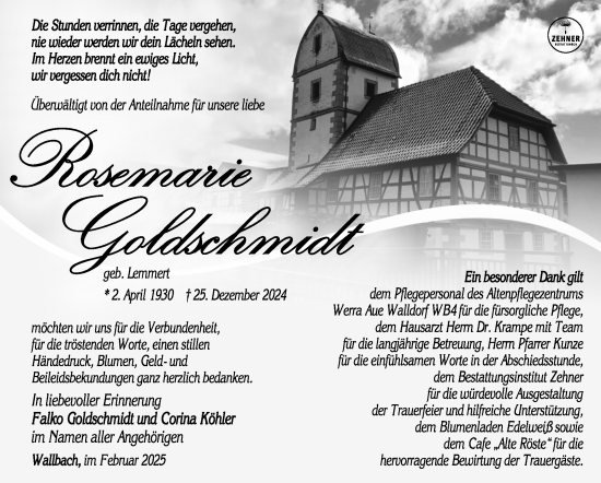 Traueranzeige von Rosemarie Goldschmidt von Südthüringer Presse