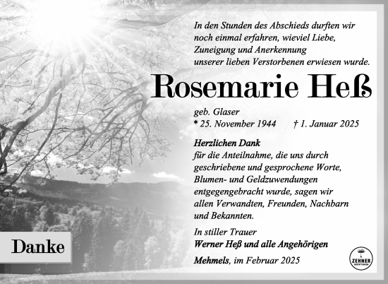 Traueranzeige von Rosemarie Heß von Südthüringer Presse