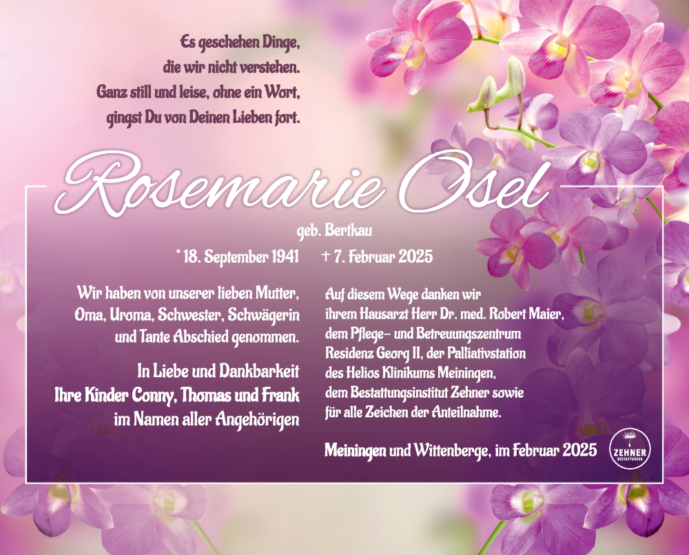  Traueranzeige für Rosemarie Osel vom 01.03.2025 aus Südthüringer Presse