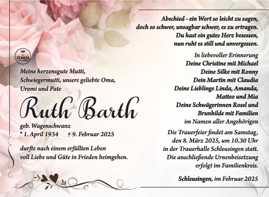 Traueranzeige von Ruth Barth von Südthüringer Presse