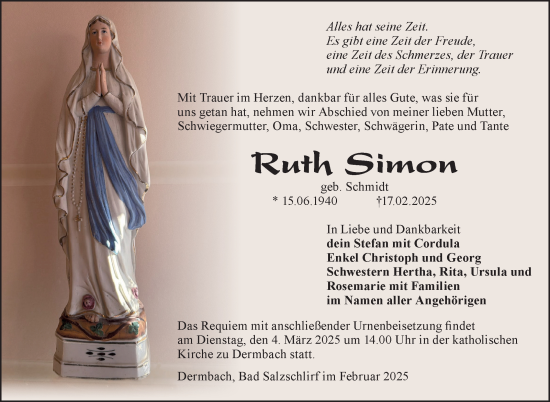 Traueranzeige von Ruth Simon von Südthüringer Presse