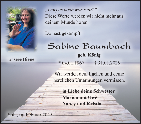 Traueranzeige von Sabine Baumbach von Südthüringer Presse