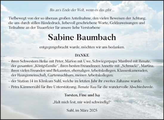 Traueranzeige von Sabine Baumbach von Südthüringer Presse