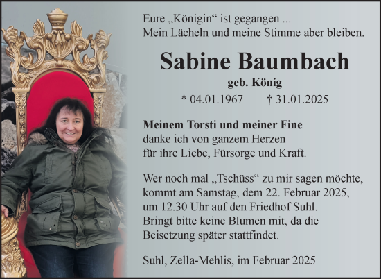 Traueranzeige von Sabine Baumbach von Südthüringer Presse