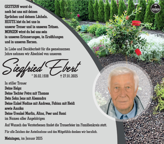 Traueranzeige von Siegfried Ebert von Südthüringer Presse