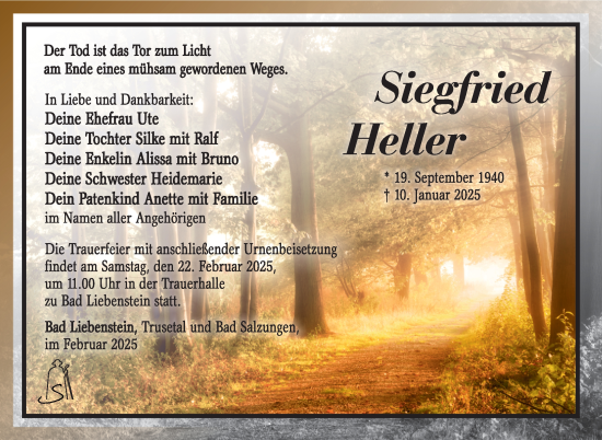 Traueranzeige von Siegfried Heller von Südthüringer Presse