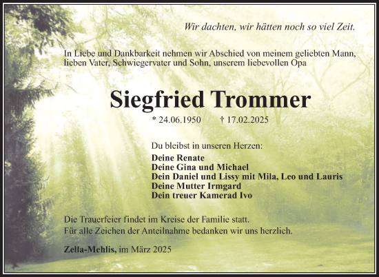 Traueranzeige von Siegfried Trommer von Südthüringer Presse
